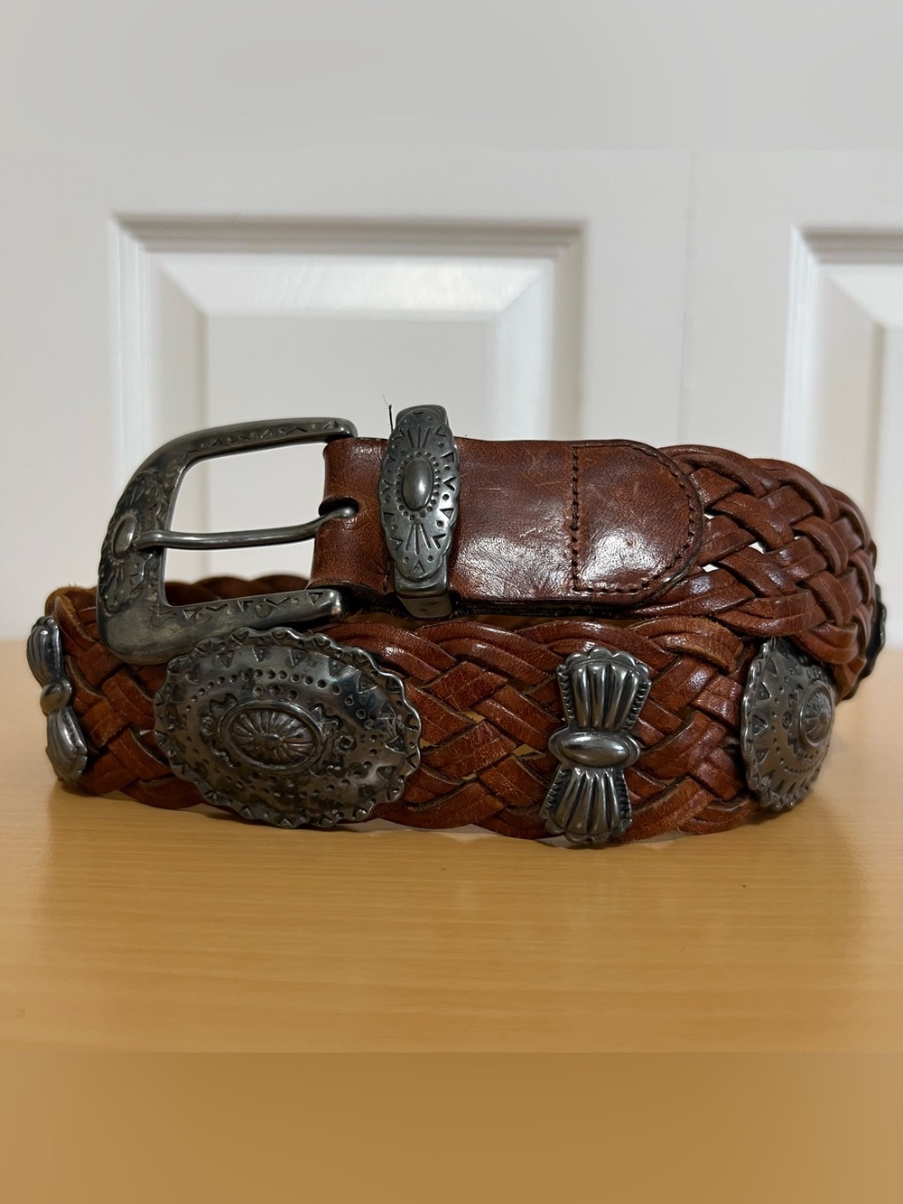 Vtg Another Line Braided Brown Leather Western Concho Belt Size Small